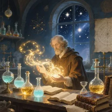 précurseurs du magnétisme – Paracelse alchimiste étudiant la force vitale dans son laboratoire